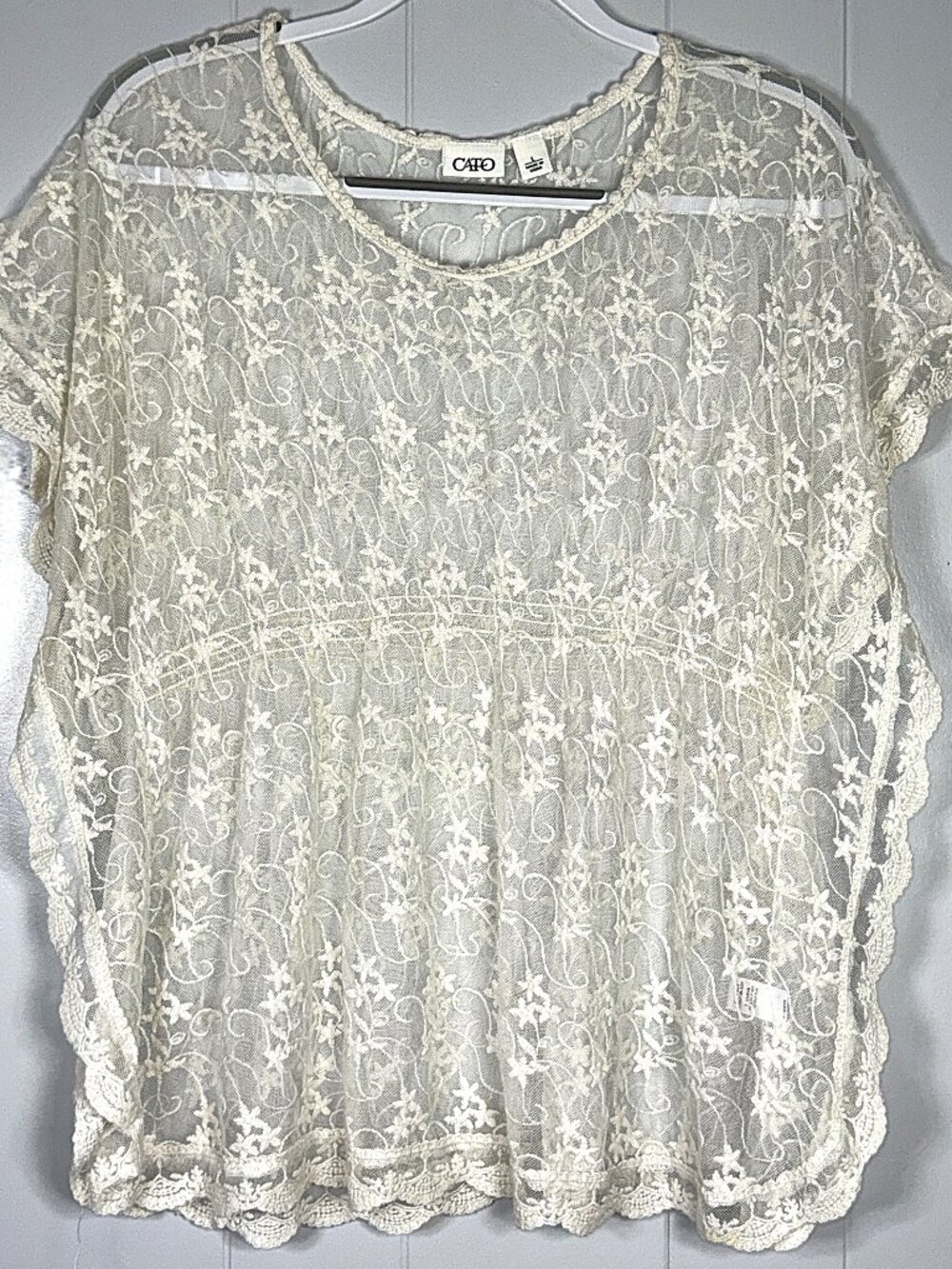 Cato Boho Floral Star Embroidered Lace Sheer Scalloped Blouse Poncho Cover Top L